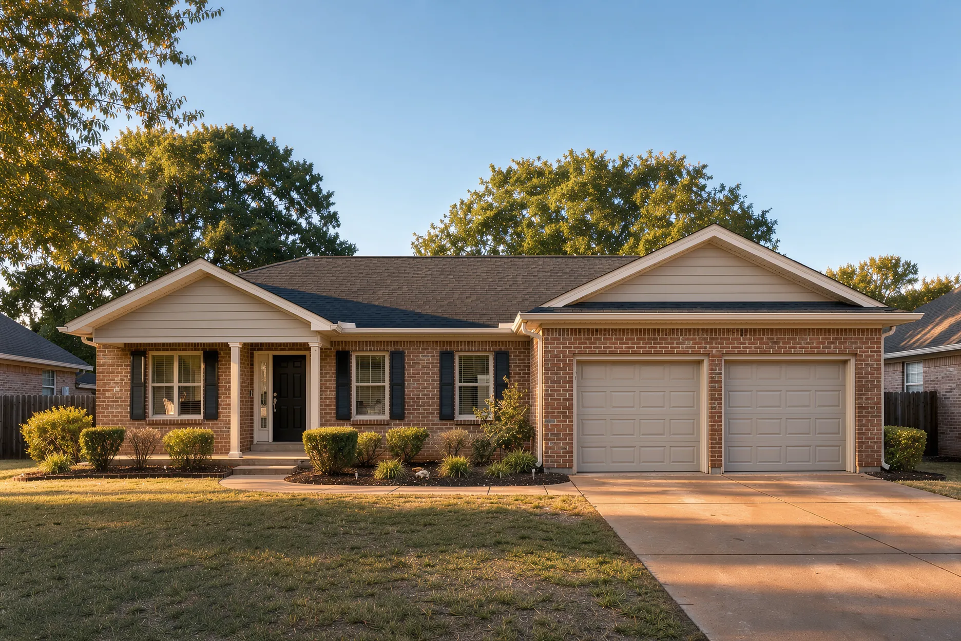 Single-story brick ranch home with a two-car garage and black shutters in late-afternoon daylight, with the roofline and soffits looking clean and plain