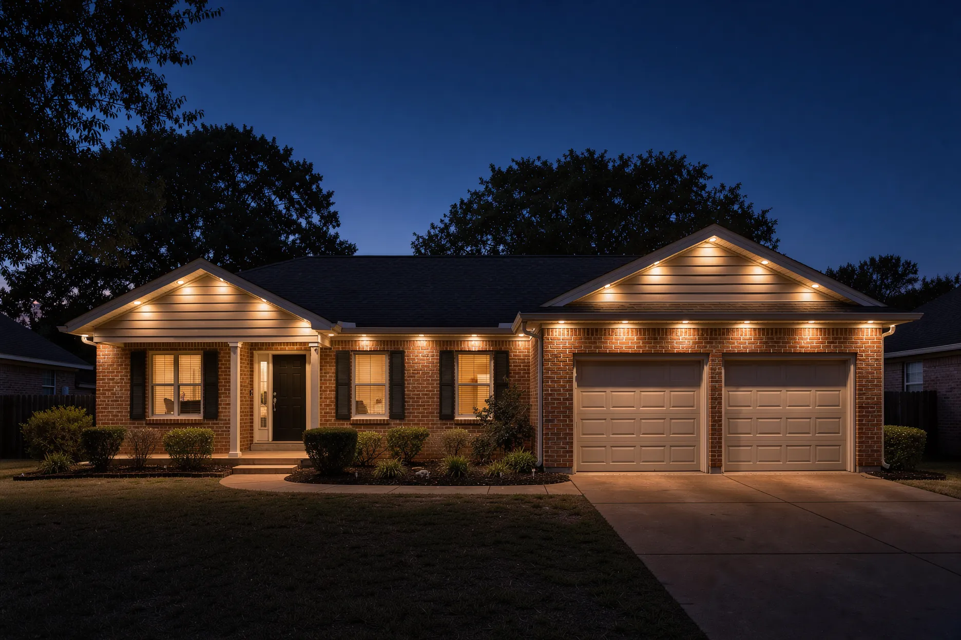 The same brick ranch home after dark under a deep blue sky, with warm white lights glowing along the eaves and gable peaks and washing down the brick above the garage