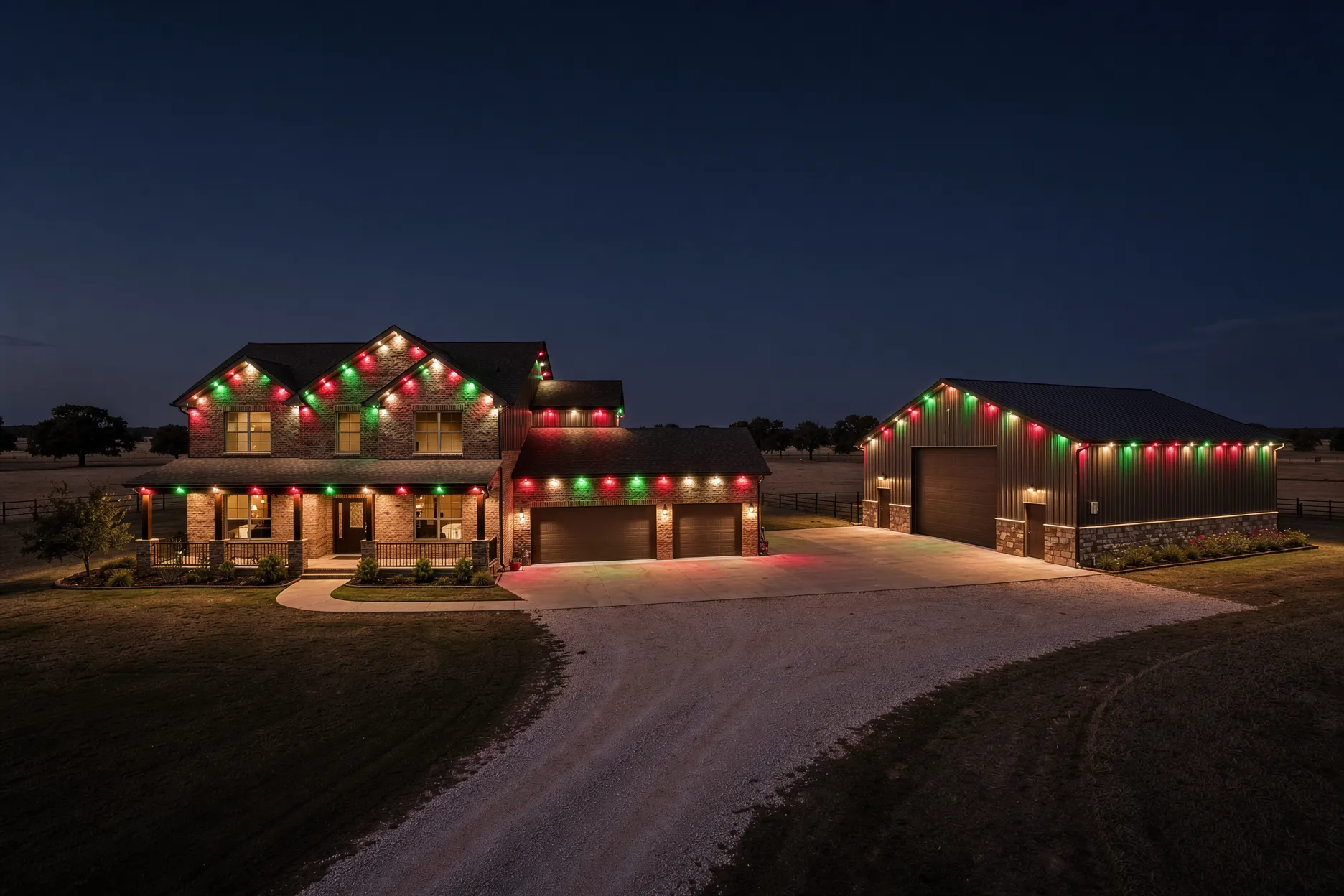 Rural acreage property at night with a two-story brick home and a separate metal shop building, both outlined in matching red, green and warm white lights