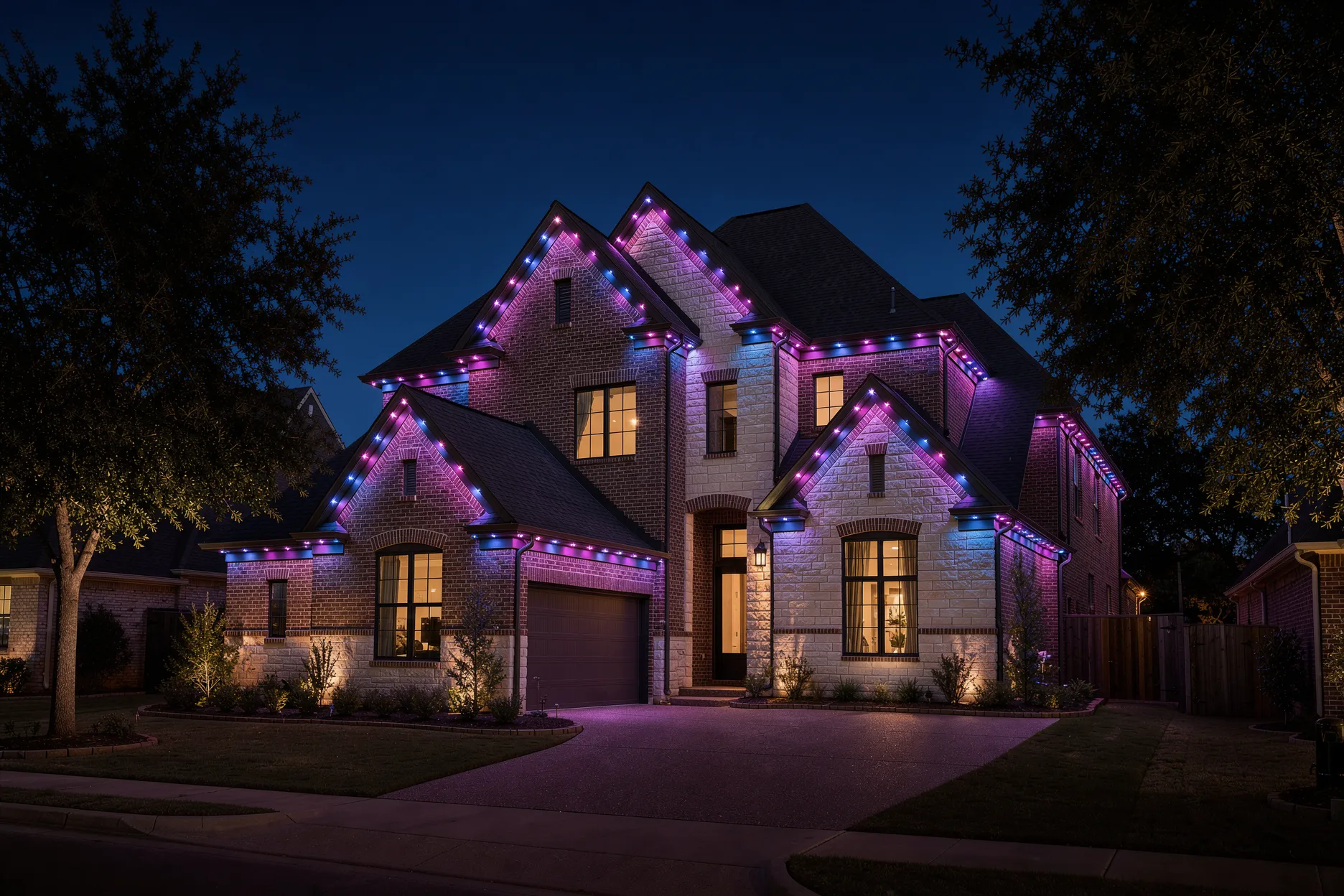 Large two-story brick and stone home with several steep gables at night, with purple, blue and pink lights tracing every roof peak and eave