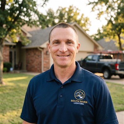 Smiling South River Lighting owner in a navy company polo, standing in front of a brick home with a work truck in the driveway